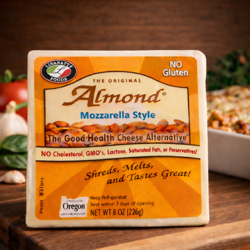 Lisanatti Almond Mozzarella Style Block with fresh ingredients and lasagna in the background.