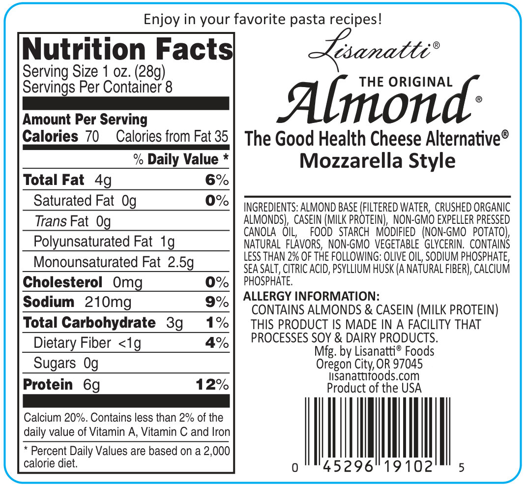 Nutrition label for Lisanatti Almond Mozzarella Style cheese alternative