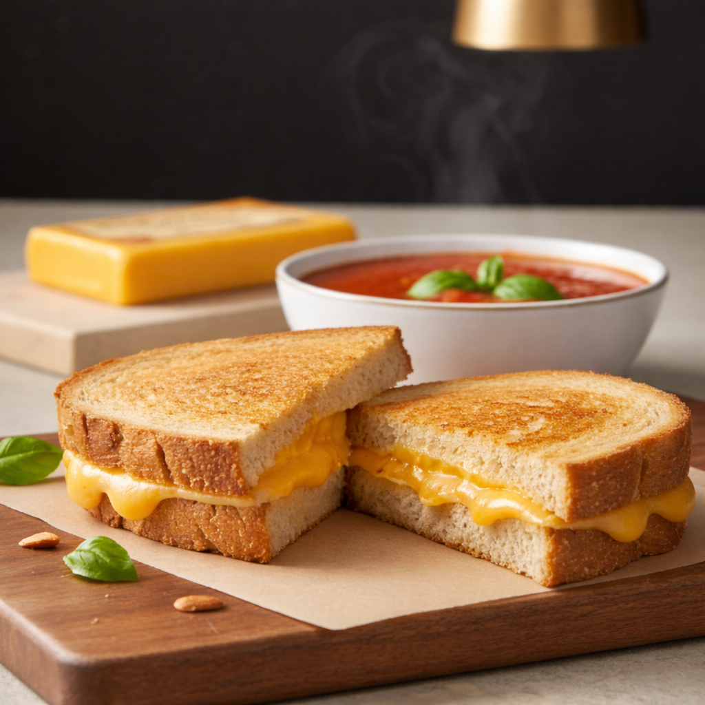 Almond cheddar style grilled cheese sandwich on a wooden board with a bowl of soup in the background 