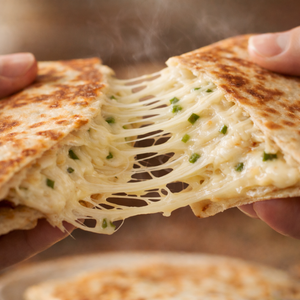 Handheld cheesy quesadilla with stringy cheese, red peppers and green jalapenos, steam rising.