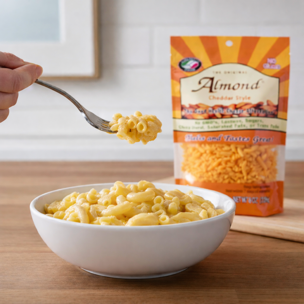 Bowl of Almond cheddar style macaroni and cheese with a package of Almond Cheddar Style shreds in the background.