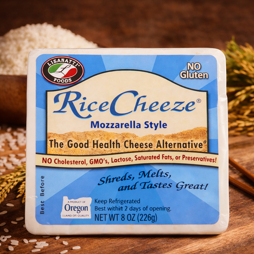 Packaged rice product labeled 'RiceCheeze' on a wooden surface with grains in the background.