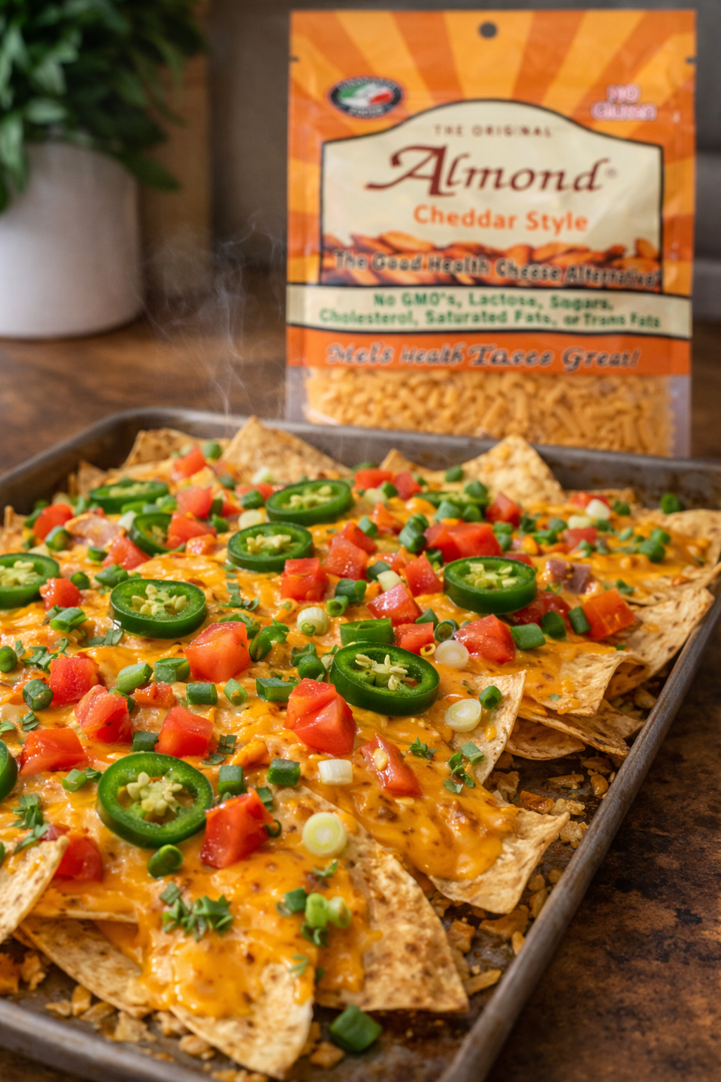 Baked nachos with various toppings on a baking sheet, accompanied by a package of Lisanatti almond cheddar style cheese.